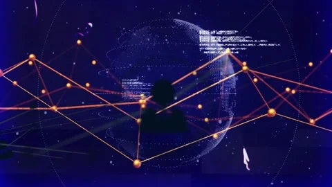 Animation starting, wireframe globe rotating with orange nodes pulsing, Stock Footage 331046024