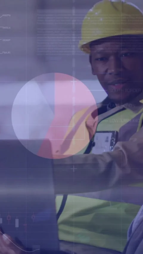 Animation of statistic charts over african american workers in warehouse Stock Footage 343901866