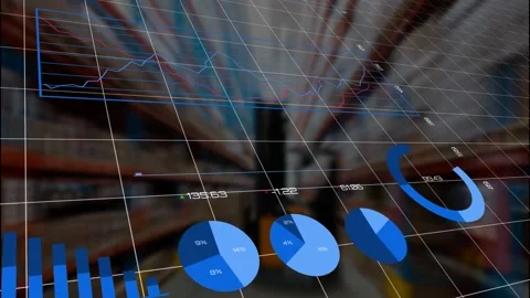 Animation of statistical data processing against stack of boxes at empty Stock Footage 229830447