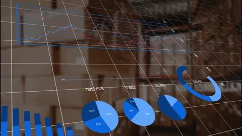 Animation of statistical data processing against stack of boxes at empty Stock Footage 229830450