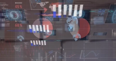 Animation of statistical data processing against stack of delivery boxes at Stock Footage 241985183
