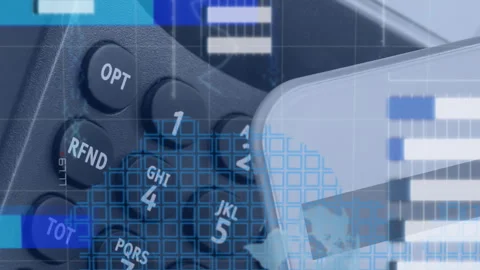 Animation of statistical data processing against smartphone making a payment Stock Footage 312354999