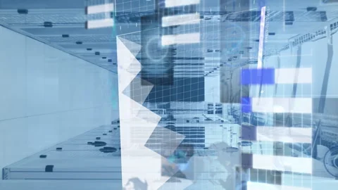 Animation of statistical data processing against empty computer server room Stock Footage 312524895