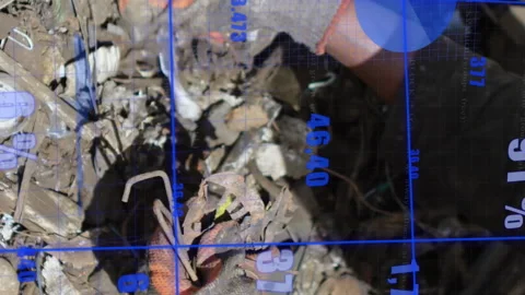 Animation of statistical data processing against mid section of male worker Video stock 312966235