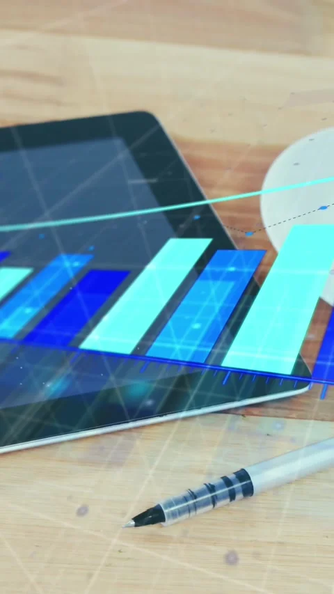 Animation of statistical data processing against digital tablet, pen and coffee Stockbeeldmateriaal 321215989