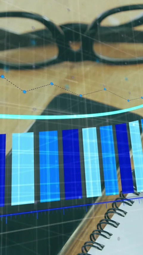 Animation of statistical data processing against diary, coffee cup, glasses and Stock Footage 321265490