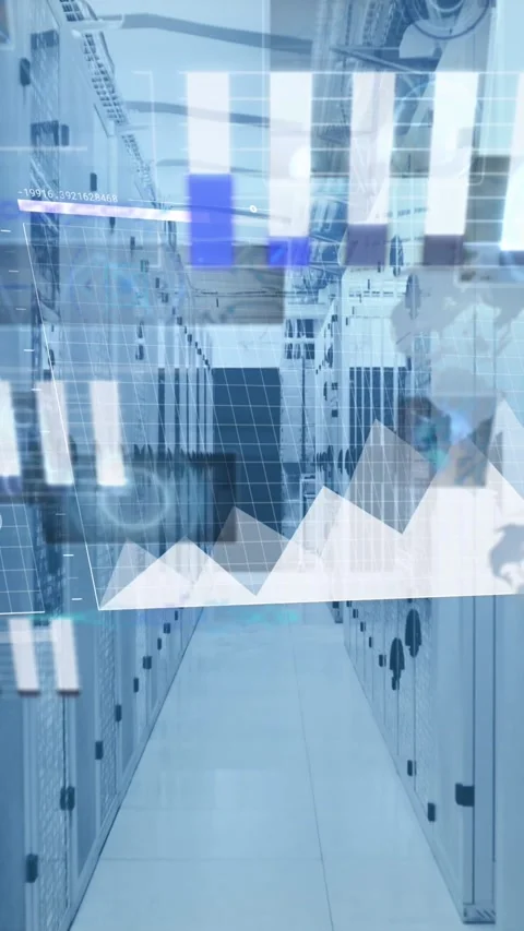 Animation of statistical data processing against empty computer server room Stock Footage 322559535