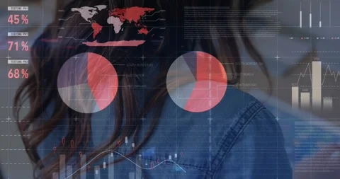 Animation of statistical data processing against rear view of a woman reading Stock Footage 325966047