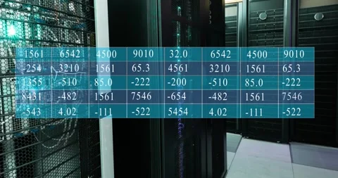 Animation of statistical data processing against computer server room Stock Footage 327711501