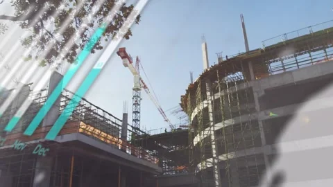 Animation of statistical data processing against construction site Vídeos de archivo 327714511