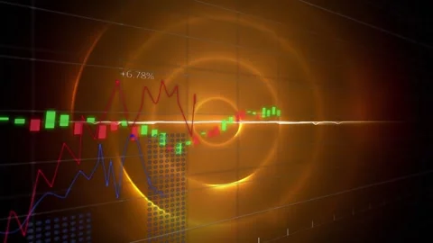 Animation of statistical data processing against orange glowing concentric Stock Footage 327965352