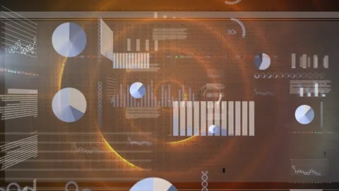Animation of statistical data processing against orange glowing concentric Video stock 329569044
