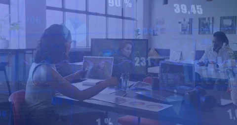 Animation of statistical data processing against woman reading a document at Stock Footage 329989280