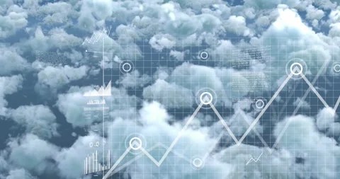 Animation of statistical data processing against clouds in blue sky Stock Footage 330593931