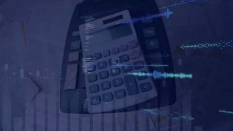 Animation of statistical data processing against calculator falling over Stock Footage 330724970