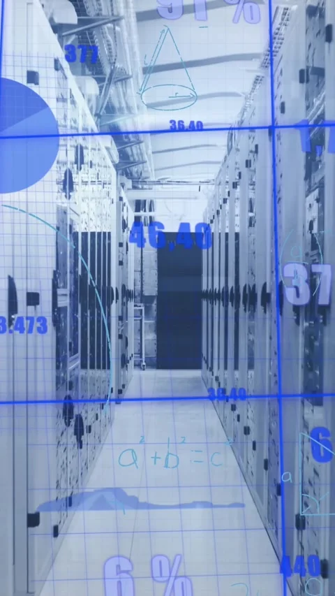 Animation of statistical data processing against computer server room Stock Footage 342612993