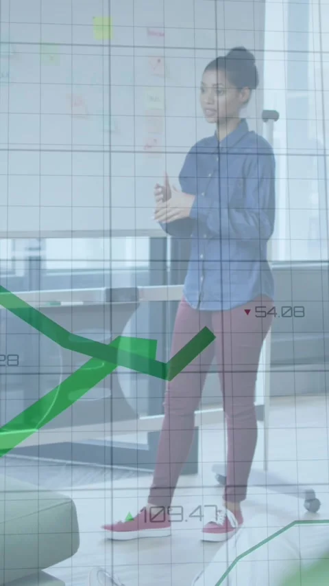 Animation of statistical data processing against woman giving a presentation at Stock Footage 343682617