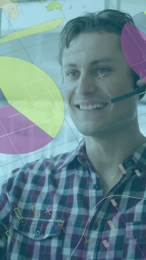 Animation of statistical data processing against caucasian man talking on phone Stock Footage 343829024