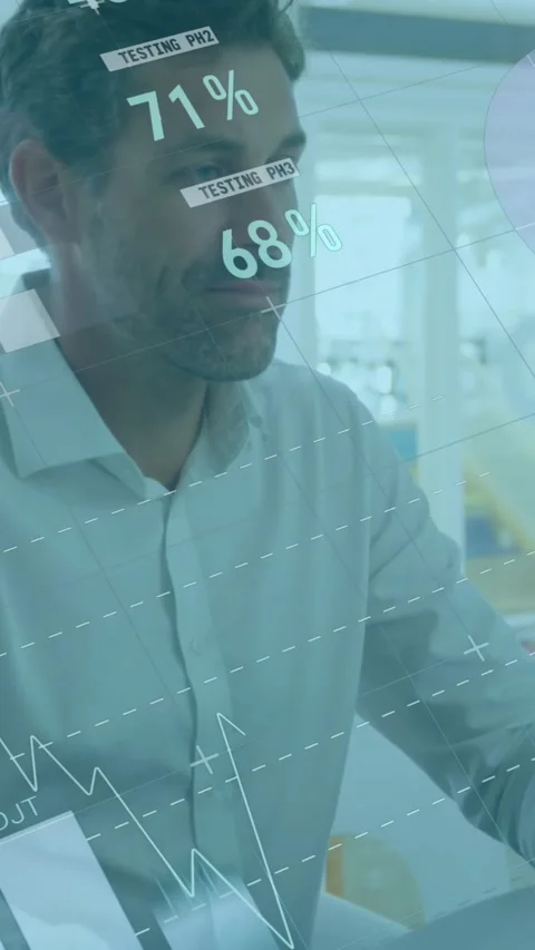 Animation of statistical data processing against caucasian man using computer at Stock Footage 343888200