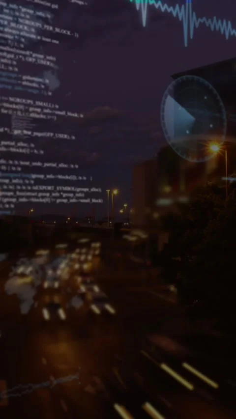 Animation of statistical data processing against time-lapse of city traffic at Stock Footage 343920070