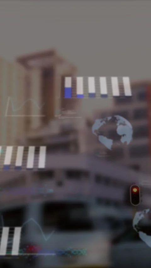 Animation of statistical data processing against time-lapse of city traffic Stock Footage 343955559