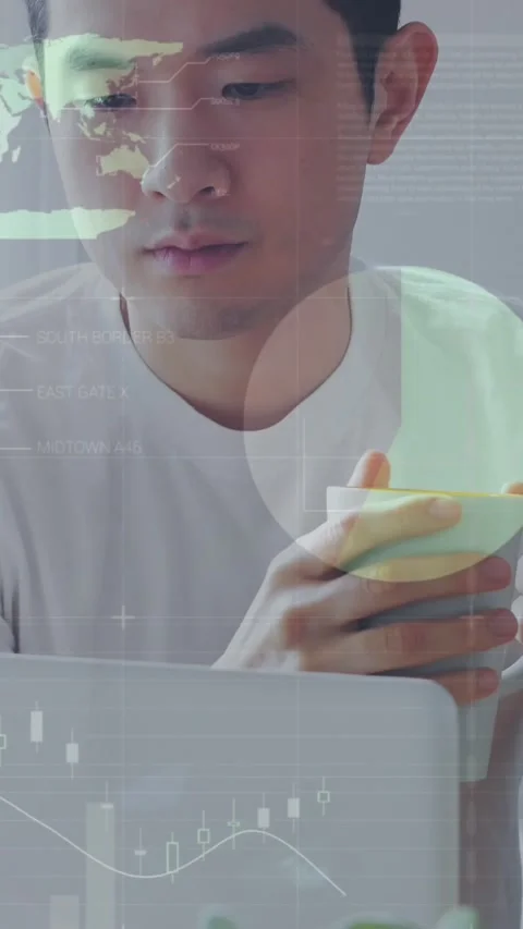 Animation of statistical data processing against asian man holding coffee cup Stock Footage 344525636