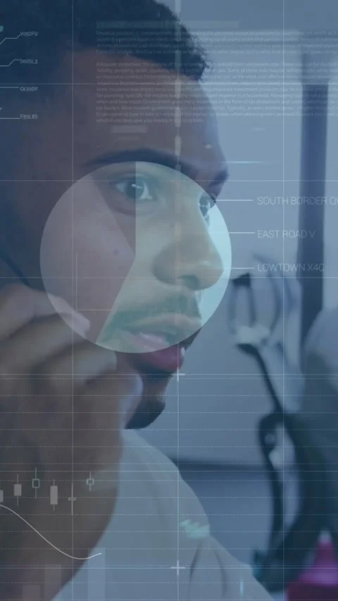 Animation of statistical data processing against man talking on phone headset at Stock Footage 344525882