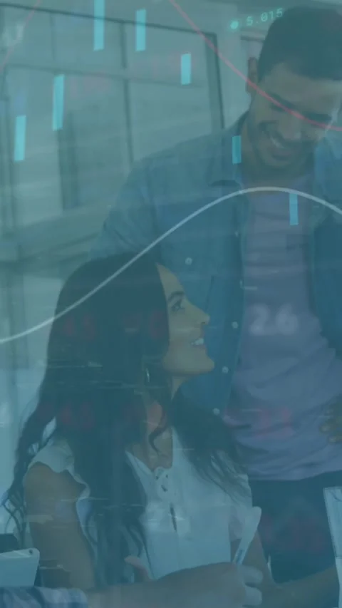 Animation of statistical data processing against diverse colleagues discussing Stock Footage 344614074