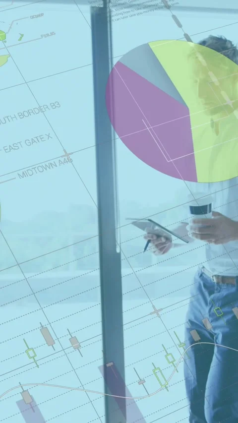 Animation of statistical data processing against caucasian man holding coffee Stock Footage 344614464