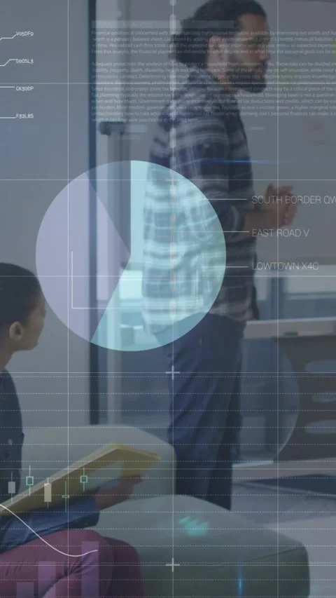 Animation of statistical data processing against man giving a presentation at Stock Footage 344636577