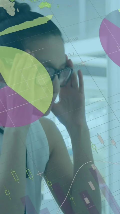 Animation of statistical data processing against stressed asian woman at office Stock Footage 344636712
