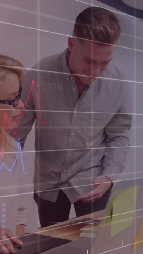 Animation of statistical data processing against diverse man and woman Stock Footage 344636731