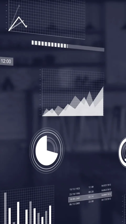 Animation of statistical data processing against empty cafe at office Stock Footage 344679170