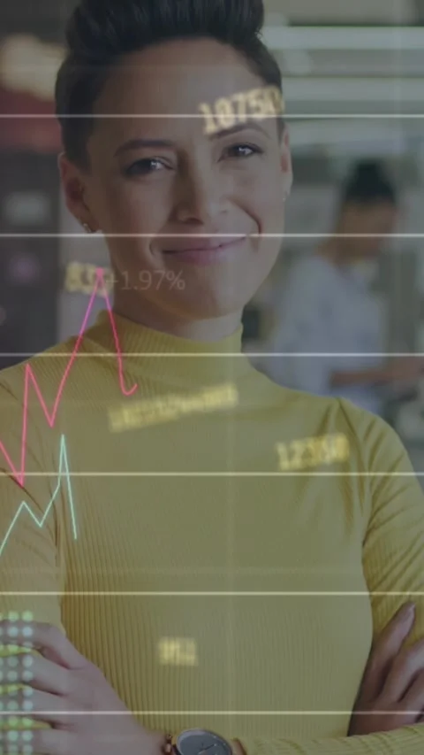 Animation of statistical data processing against portrait of woman smiling at Stock Footage 344679503