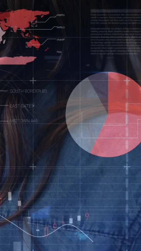 Animation of statistical data processing against rear view of a woman reading Stock Footage 344679535