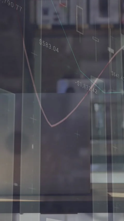 Animation of statistical data processing against close up of laptop on office Stock Footage 344693421