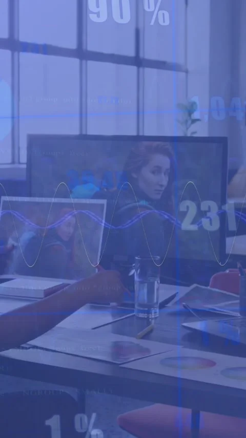 Animation of statistical data processing against woman reading a document at Stock Footage 344693865