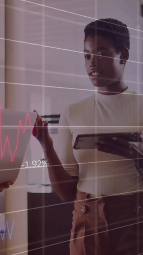 Animation of statistical data processing against three diverse women discussing Stock Footage 344706654
