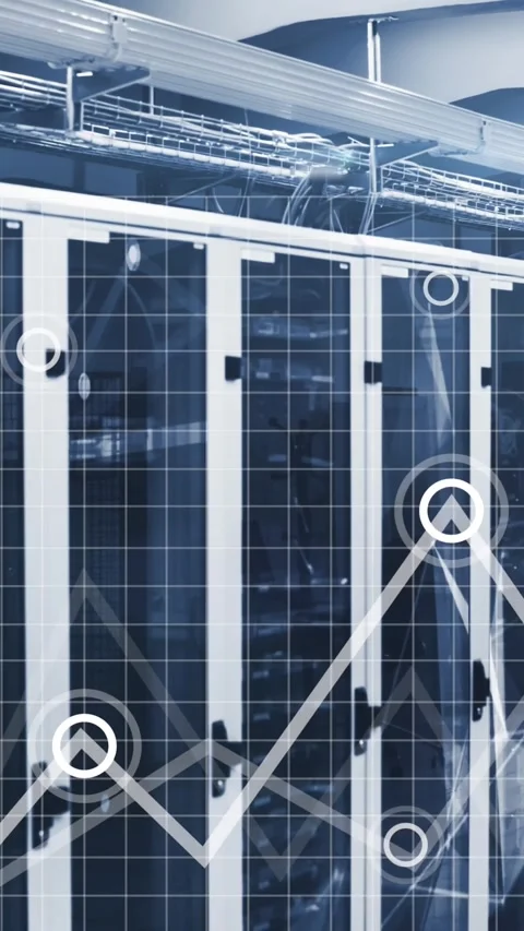 Animation of statistical data processing against computer server room Stock Footage 344722917