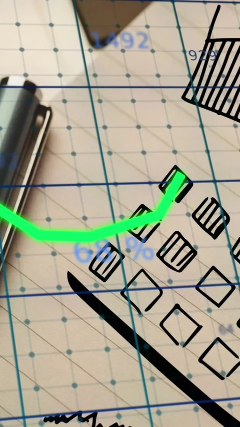 Animation of statistical data processing against close up of pen and diary on Stock Footage 344723157