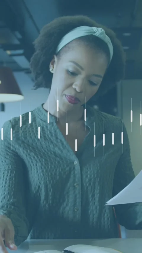 Animation of statistical data processing against african american woman reading Stock Footage 344723389