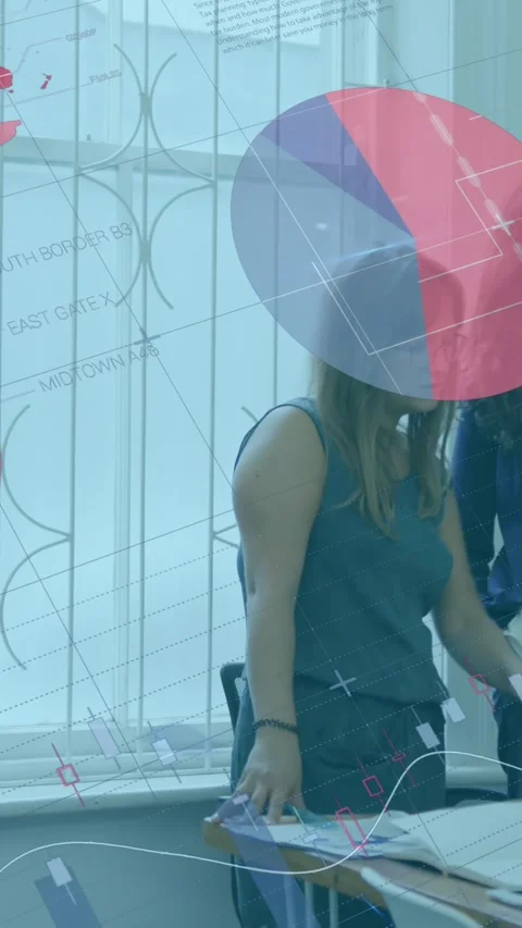 Animation of statistical data processing against two diverse women discussing Stock Footage 344723548