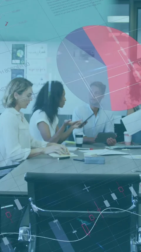 Animation of statistical data processing against team of diverse colleagues Stock Footage 344745635