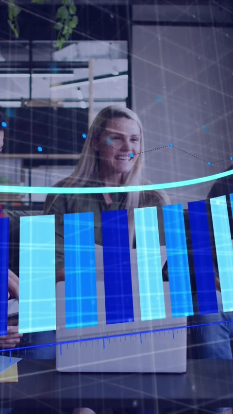 Animation of statistical data processing against diverse colleagues discussing Stock Footage 344745817