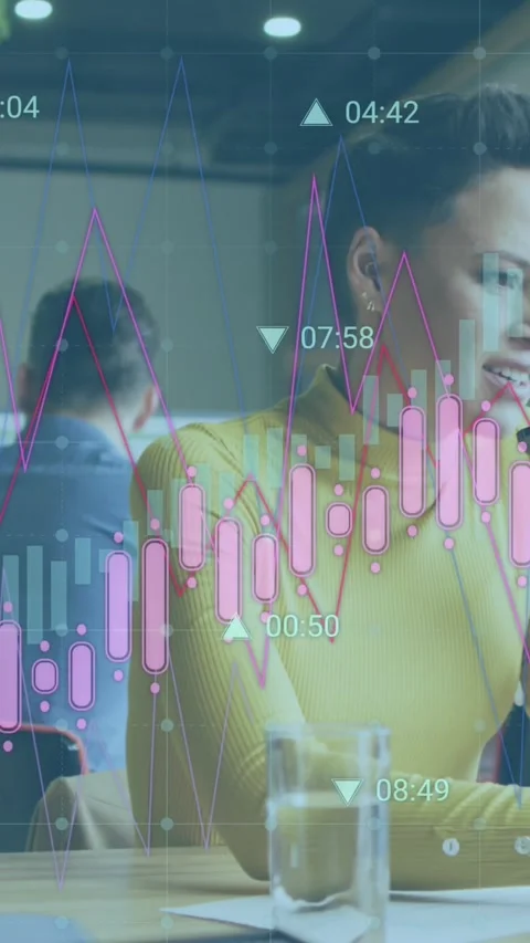 Animation of statistical data processing against woman talking on smartphone at Stock Footage 344746098