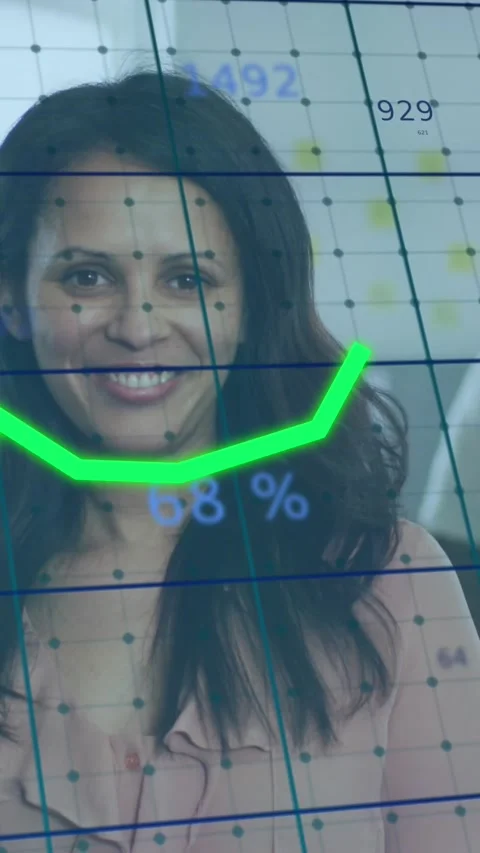 Animation of statistical data processing against portrait of woman smiling at Stock Footage 344746100