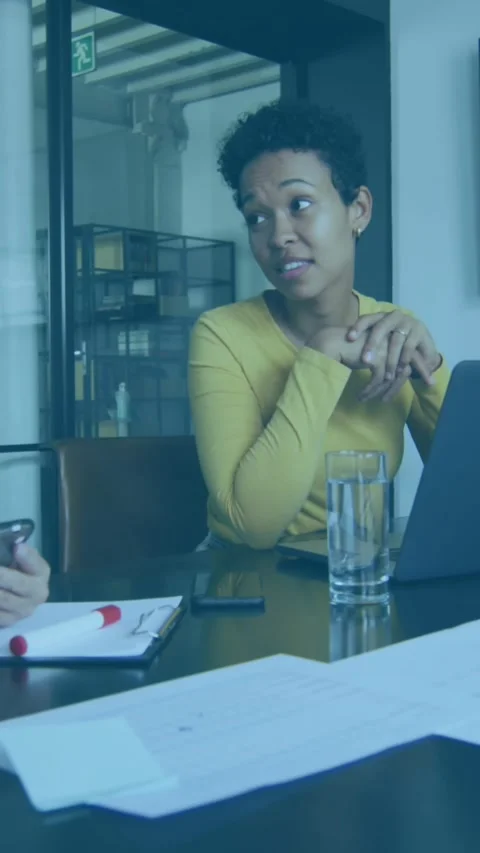 Animation of statistical data processing against three diverse women discussing Stock Footage 344746174