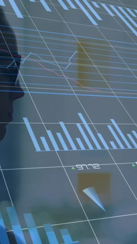 Animation of statistical data processing against woman eating a snack at office Stock Footage 344746192