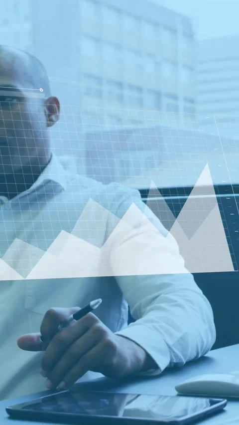 Animation of statistical data processing against thoughtful man at office Stock Footage 344746211