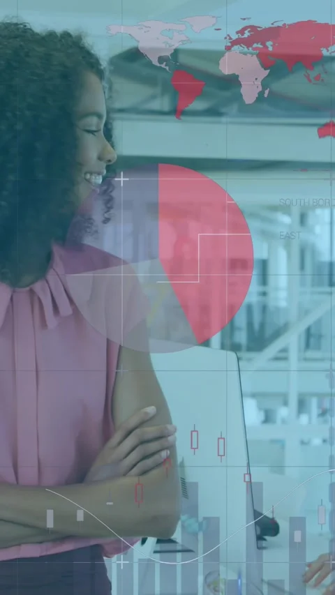 Animation of statistical data processing against portrait of caucasian woman Stock Footage 344766247